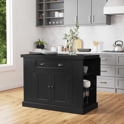 Homestyles Nantucket Distressed Black Kitchen Island with Black Granite and Wood Drop Leaf Breakfast Bar, 48"W
