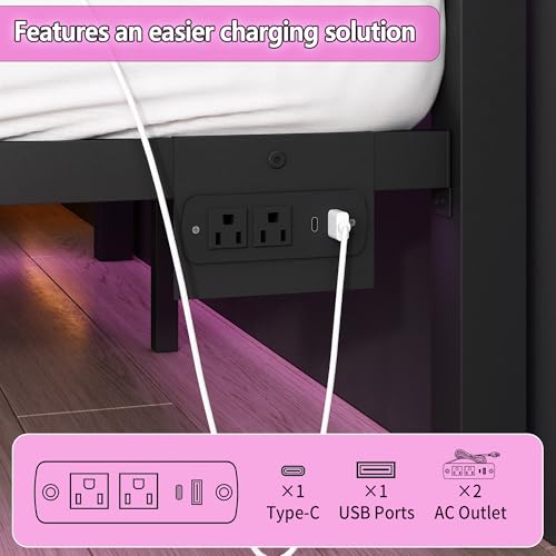 CLIBFENG Queen Size Bed Frame with Headboard and Footboard,Steel Slats Support-LED Bed Frame with USB Charging Station,Mattress Foundation-Under Bed Storage,No Box Spring Needed,Noise Free,Black - size: Queen, style: Black