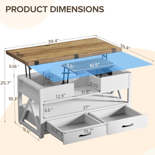 40" Lift Top Coffee Table with Storage,White | 4 in 1 Multi-Function Lifting top Coffee Tables with Storage Drawers and Hidden Compartmen,for Living Room - color: White+brown