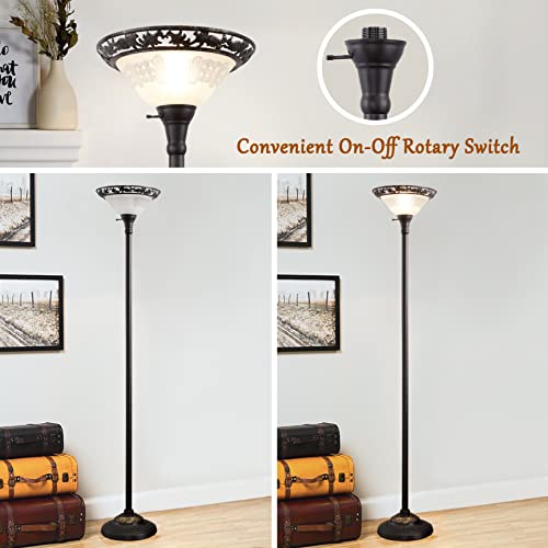 Luvkczc Torchiere Floor Lamps for Living Room, 70" Tall Standing Lamp | Etched Glass Shade, Metal Pole, Victorian Style Floor Lamp, Vintage tall lamp for Bedroom, Corner, Home Decor - color: Black,White