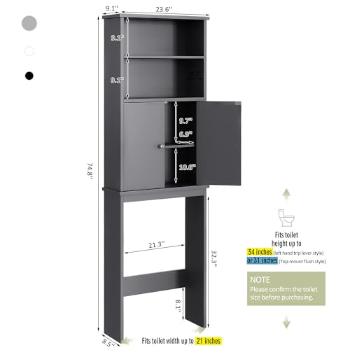 Over the Toilet Storage Cabinet for Bathroom, 75in Over Toilet Cabinet Freestanding Storage Organizer, Space Saver with Doors and Adjustable Shelf, Grey - color: Grey, style: 2 Open Shelves