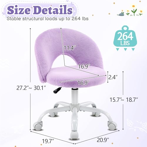 VINGLI Small Vanity Chair with Faux Fur Wheels for Girls,Cute Adjustable Height Armless Office Desk Chair,360°Swivel Comfy Rolling for Study,Make up Room,Small Space,Purple - color: Furry Purple