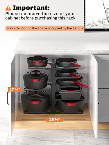 MUDEELA 8-Tier Heavy Duty Pots and Pans Organizer under Cabinet, Black | Adjustable 15.83" H pot rack, pan organizer Holds big stockpots, Cast Iron Skillet and cookware for use inside cabinets - color: Black, size: 15.83"H