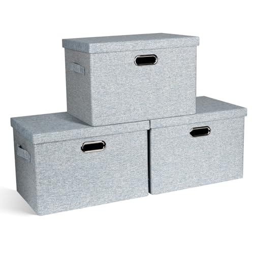 Storage Bins with Lids Fabric Closet Organizers Cubes Office Organization | 36 Quart 3 Pack Blue-Grey Collapsible Stackable Linen Fabric 4 Handles Bedroom Closet Cabinet Under Bed Clothes Toy Office - color: Blue-Grey, size: Large -3 Pack