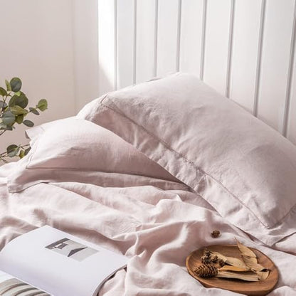 Simple&Opulence 100% Washed Linen Duvet Cover Set with Embroidered,3 Pieces Soft Farmhouse Comforter Set with Button Closure,1 Duvet Cover and 2 Pillowshams(Full,Dusty Pink) - color: Embroidery Dusty Pink, size: Full