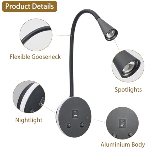 Book Lights for Reading at Night, LED Wall Mounted Reading Light, Flexible Gooseneck Wall Lamps for Bedroom, Plug in Wall Lights with USB Charging, Bedside Wall Sconces Focused Bed Lamp (Black) - color: Black
