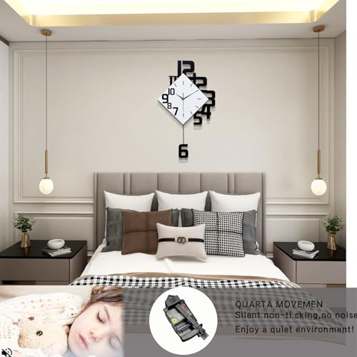 FLEBLE Modern Large Wall Clocks for Living Room Decor Big Silent Pendulum Wall Clock Battery Operated for Office Kitchen Bedroom Home Decoration Wooden 30 Inch Giant White Wall Watch Clock Non-Ticking | Analog Battery Operated Big Wall Watch Clock Non Tic