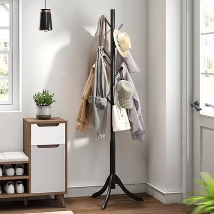 kiplant Black Coat Rack Stand, Bamboo Wood Freestanding Coat Tree with 8 Hooks, Hallway Entryway Hat Hanger Organizer Standing for Bedroom, Office, Clothes, Jackets, Bags, Umbrallas - color: Black