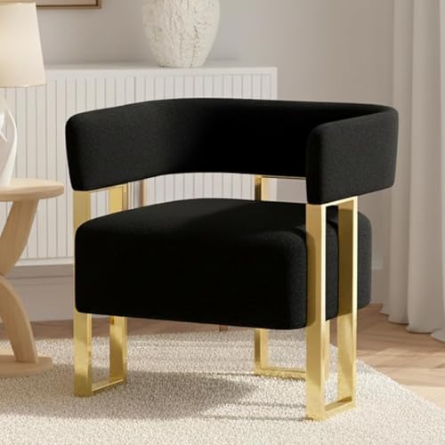 Mid Century Modern Accent Chair, Barrel Armchair, Black Boucle, Gold Leg | AODAILIHB Upholstered Comfy Luxury Living Room Chairs, Cloud Club Chair w/ Curved Back For Small Space, Bedroom Dorm Office - color: Black, size: 1pc