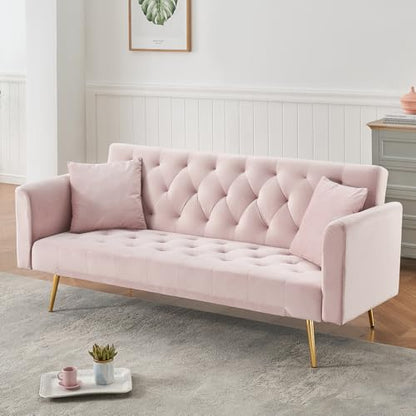71" Modern Velvet Sofa Bed Futon, Convertible Sleeper Couch, Adj. Backrest | Tufted Recliner Loveseat Design with Golden Chrome Legs & 2 Pillows, Perfect for Small Spaces, Living Room, Apartment - color: Pink
