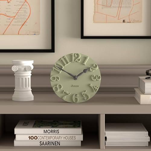 JONES CLOCKS® Hampstead Desk Clock | Freestanding | Sage Green | Elegant Raised Moulded Numerals | Ideal for Shelf, Mantel, Living Room, Home Office or Bedside - color: Sage Green