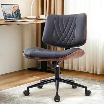 IWMH Armless Desk Chair Home Office Chair with Wheels Walnut PU Retro Chair | Ergonomic Swivel Computer Chair no Arms Mid-Century Adjustable Height Rolling Task Chair for Study Work Small Space Black
