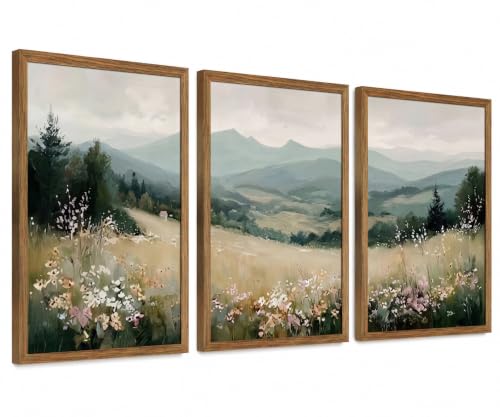 Minimalist Mountain Triptych Wall Art Set of 3, Foggy Wildflower Canvas | Serene Foggy Hills and Wildflower Field Canvas Prints, Calm Nature Home Decor 12x16 Inches - color: MountainFlower, size: 12x16 Inch