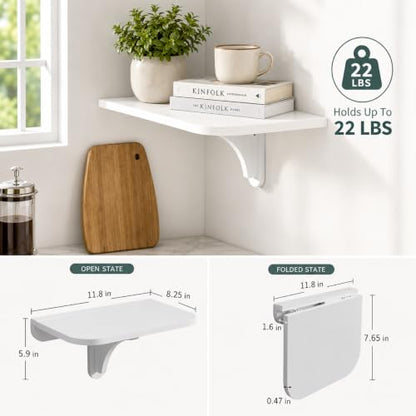 WELLAND 11.8" x 8.25" White Wall Mounted Desk Small Floating Shelves Set of 2 Folding Wall Shelves Drop-Leaf Table Fold Down Desk for RV, Camper, Loft Beds - color: White