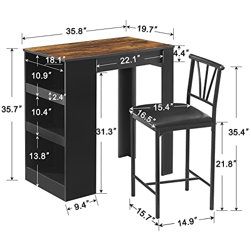 VECELO Small Bar Table and Chairs Tall Kitchen Breakfast Nook with Stools/Dining Set for 2, Storage Shelves, Space-Saving, Retro - color: Retro
