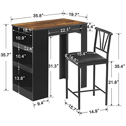 VECELO Small Bar Table and Chairs Tall Kitchen Breakfast Nook with Stools/Dining Set for 2, Storage Shelves, Space-Saving, Retro - color: Retro