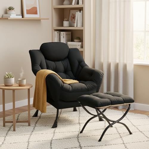 Modern Lazy Chair with Ottoman Lounge Accent Reading Chair for Living Room | Foldable Footstool,Removable Cover,Soft Padded Seat & Backrest,Upholstered Comfy Chair for Bedroom,Dorm,Office,Small Space - color: Black