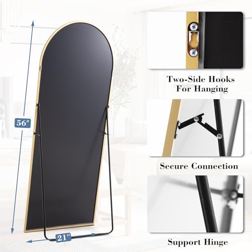 NEWBULIG Arched Full Length Floor Mirror 56"x21", Body Standing Mirror | Wall Hanging or Leaning, Shatter-Proof Glass, Aluminum Alloy Frame with Stand, Home Decor Bedroom, Gold - color: Gold-arched, size: 56"L x 21"W