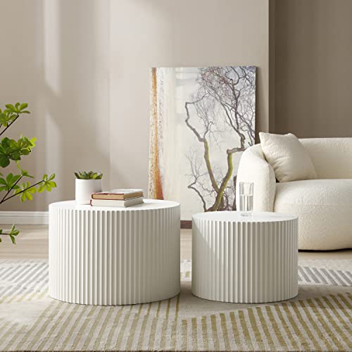 JUSTONE Round Nesting Coffee Table Set of 2 - Space-Saving White Modern Wooden Accent Tables for Small Spaces, Handcrafted Wood Side/End/Bedside Tables for Living Room & Bedroom - color: 23.62" Round-white