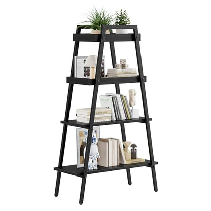 VECELO Ladder Shelf, 4 Tier Wooden Bookshelf with Metal Frame, Freestanding Bookcase Display Shelves and Plant Stand for Living Room/Farmhouse/Bedroom/Home Office-Black - color: Black