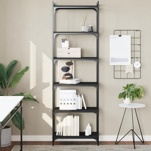 Black Industrial Bookcase, Tall 74-Inch Bookshelf with 6-Tier Adjustable Shelves, Durable Engineered Wood & Metal for Living Room, Office, Study - color: Black/74", size: 23.6"