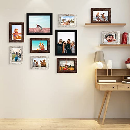 LUCKYLIFE Picture Frame Set 10-Pack, Gallery Wall Frame Collage with 8x10 5x7 4x6 Frames in 3 Different Finishes - color: Black&Brown&Distressed white