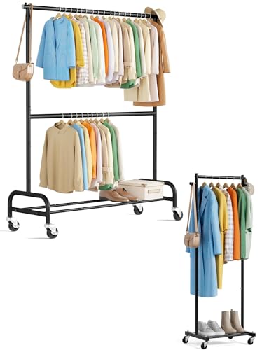 MISSLO Small Clothes Racks for Hanging Clothes and Double Rod Garment Rack with Wheels, 2 Pack