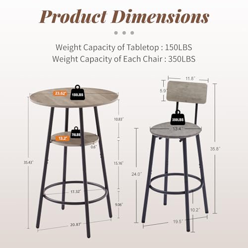 23.6” Diameter Round Bar Table Set for 2 with Storage Shelf, Counter Height Pub Table and Chairs, Small Round Kitchen Table with Backrest Stools for Small Spaces, Breakfast Nook Dining Table - color: Grey, style: Round w/ Upholstered Stool