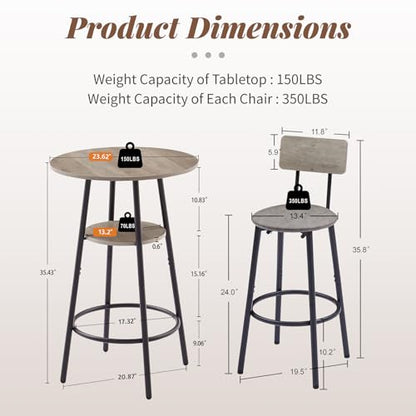 23.6” Diameter Round Bar Table Set for 2 with Storage Shelf, Counter Height Pub Table and Chairs, Small Round Kitchen Table with Backrest Stools for Small Spaces, Breakfast Nook Dining Table - color: Grey, style: Round w/ Upholstered Stool