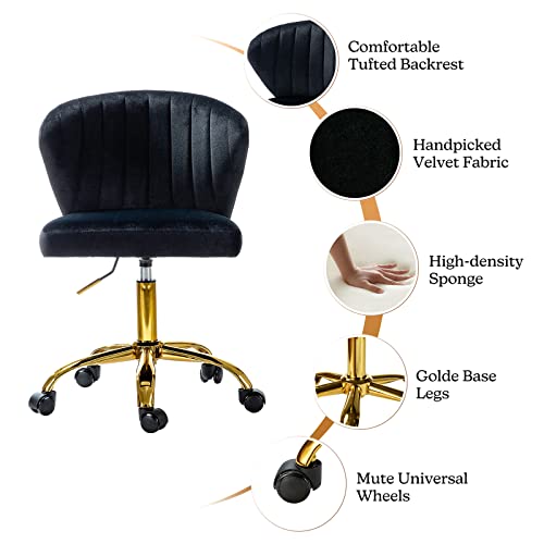 TINA'S HOME Office Desk Chairs with Wheels & Gold Base, Modern Velvet Cute Armless Office Chair, Adjustable Low Back Swivel Rolling Chair, Upholstered Task Chair for Living Room Vanity Study-Black | Modern Velvet Cute Armless Office Chair, Adjustable Low