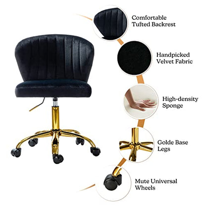 TINA'S HOME Office Desk Chairs with Wheels & Gold Base, Modern Velvet Cute Armless Office Chair, Adjustable Low Back Swivel Rolling Chair, Upholstered Task Chair for Living Room Vanity Study-Black | Modern Velvet Cute Armless Office Chair, Adjustable Low
