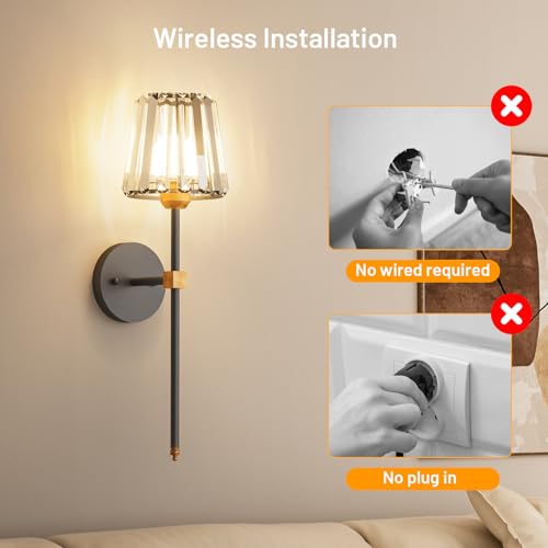 Crystal Battery Operated Wall Sconces Set of 2, Black and Gold Rechargeable Wireless Wall Lights with Crystal Lampshade, 12 RGB and 3CCT Dimmable Wall Lamps with Remote for Bedroom Living Room Hallway - color: Black and Gold