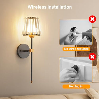 Crystal Battery Operated Wall Sconces Set of 2, Black and Gold Rechargeable Wireless Wall Lights with Crystal Lampshade, 12 RGB and 3CCT Dimmable Wall Lamps with Remote for Bedroom Living Room Hallway - color: Black and Gold