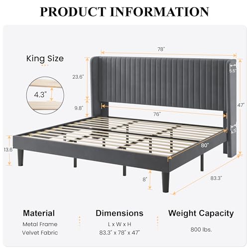 SHA CERLIN King Size Velvet Bed Frame, Tufted Wingback Headboard, Grey | 47'' Modern Vertical Channel Headboard, Upholstered Platform Bed, Wood Slats, No Box Spring Needed, Easy Assembly, Noise Free - color: Grey, size: King