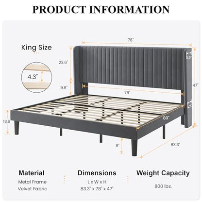 SHA CERLIN King Size Velvet Bed Frame, Tufted Wingback Headboard, Grey | 47'' Modern Vertical Channel Headboard, Upholstered Platform Bed, Wood Slats, No Box Spring Needed, Easy Assembly, Noise Free - color: Grey, size: King