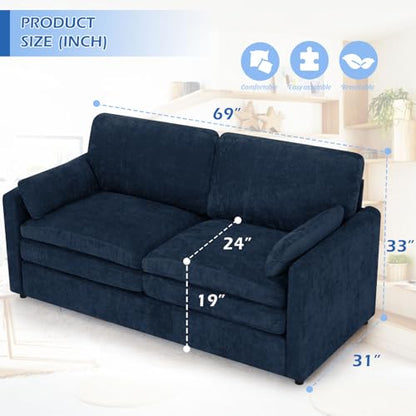 3 Pieces Chenille Sofa Set w/Two Arm Pillows, Blue | Upholstered Loveseat & 2 Pieces 3-Seater Sofa w/Soft Cushions, Modern 2-Seat & 3-Seat w/High-Density Foam for Living Room - color: Blue, size: 69" & 89" & 89" Sofa Set