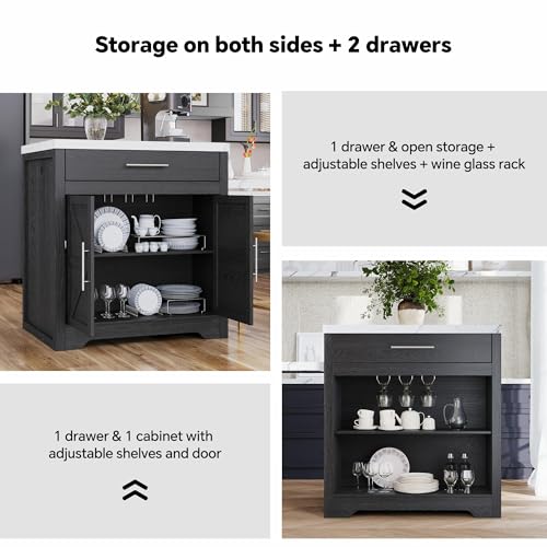 Kitchen Island with Extendable Dining Table for 4-6, Farmhouse Rolling Mobile Center Islands with Storage, Wine Glass Rack, Charging Station, 2 Drawers 2 Side Open Shelves, White marble-patterned - color: White&marble