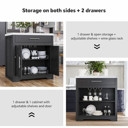 Kitchen Island with Extendable Dining Table for 4-6, Farmhouse Rolling Mobile Center Islands with Storage, Wine Glass Rack, Charging Station, 2 Drawers 2 Side Open Shelves, White marble-patterned - color: White&marble