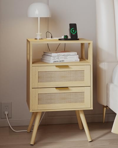 Rattan Nightstand with Charging Station,Farmhouse Bedside Table with 2 Storage Drawer and Open Wood Shelf, for Bedroom and Small Spaces,Night Stand with Solid Wood Legs (Yellow Oak-Outlet) - color: Yellow Oak-outlet