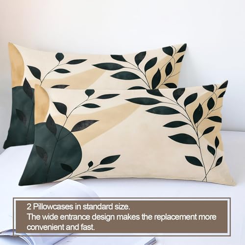 Leaves Bedding Duvet Cover, Abstract Plant Comforter with Zipper & Ties, Boho Mid-Century Duvet Cover with 2 Pillowcases, Reversible Bedroom Bedding Set, Full Size Neutral Botanical Design - color: Abstract Plant, size: Full (80 x 90 in)