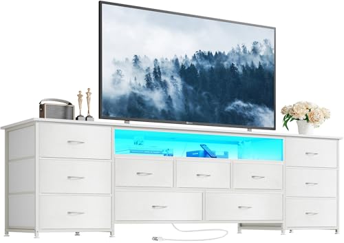 Huuger 70 Inch TV Stand for 75, 80 Inch TV, 11 Drawer Long Dresser with Power Outlets and LED Lights, Entertainment Center with Storage, White Dresser with PU Leather Surface - color: White, size: 13"D x 70.9"W x 26.8"H