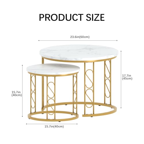 Coffee Table Faux Marble Nesting Table for Small Place 2 Sets Modern Furniture Living Room Sets End Side Table Night Stand for Bed Room Dining Room (White & Gold) - color: White and Gold