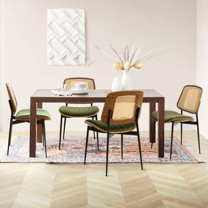 Rattan Dining Room Chairs Set of 4, Mid Century Modern Kitchen Chairs,Green Velvet Walnut Wood Finish Side Chair, Metal Legs Chair with Rattan Backrest,Green Fabric - color: Green 2, size: Set of 4