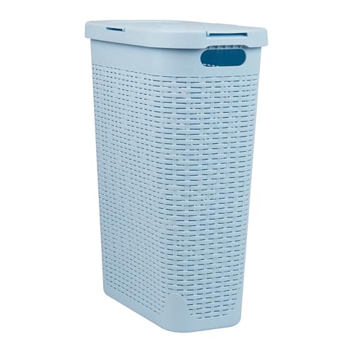 Mind Reader Slim Laundry Hamper with Lid, 40L Clothes Basket, Narrow Tapered Design with Ventilated Cutout Pattern, Plastic, Baby Blue - color: Baby Blue, size: Single