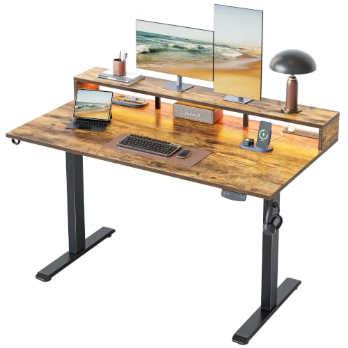 Klicelor Electric Standing Desk with Shelf, 55 Inch Height Adjustable Desk with Power Outlets & LED, Sit Stand Up Table with Monitor Stand, Computer Workstation for Home Office, Rustic Brown - color: Rustic Brown, size: 55 x 24 Inches with led and power s