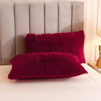 Faux Fur Velvet Fluffy Bedding Duvet Cover Set Down Comforter Quilt Cover with Pillow Sham, Ultra Soft Warm (Burgundy, Twin) - color: Burgundy, size: Twin