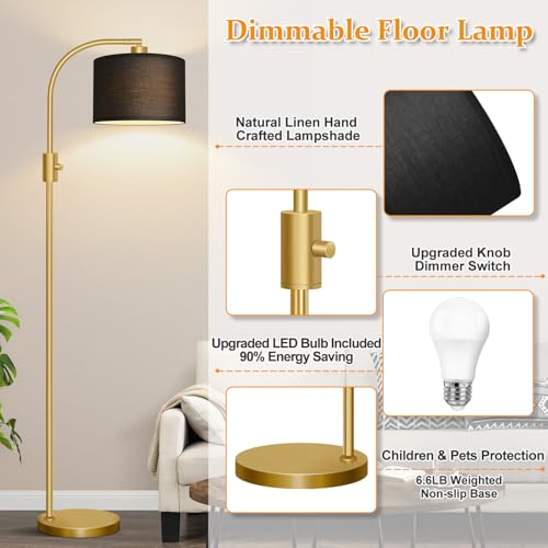 Nintiue Upgraded Modern Arc Dimmable Tall Standing Floor Lamp with Black Shade, 1200 Lumens LED Bulb Included, for Living & Reading Room, Bedroom, Office & Nursery, Gold - color: Gold-Black Shade