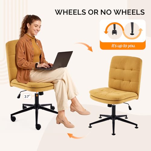 VINGLI Mid Back Armless Office Desk Chair with Wheels/no Wheels,360°Rocking Swivel Vanity Chair with Thickened Cushion,Adjustable Height Rolling for Reading Room, Make up, Linen Ginger Yellow - color: Ginger Yellow