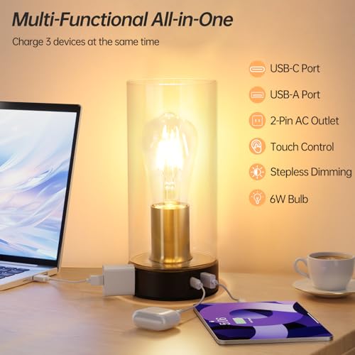 Shenmoyl Industrial Bedside Lamp with USB-A+C Charging Ports & AC Outlet, Small Touch Control Dimmable Table Lamp with Black Glod Base Glass Shade for Bedroom, Nightstand, Dorm, Office, Desk - color: Black-gold