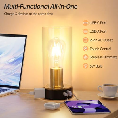 Shenmoyl Industrial Bedside Lamp with USB-A+C Charging Ports & AC Outlet, Small Touch Control Dimmable Table Lamp with Black Glod Base Glass Shade for Bedroom, Nightstand, Dorm, Office, Desk - color: Black-gold